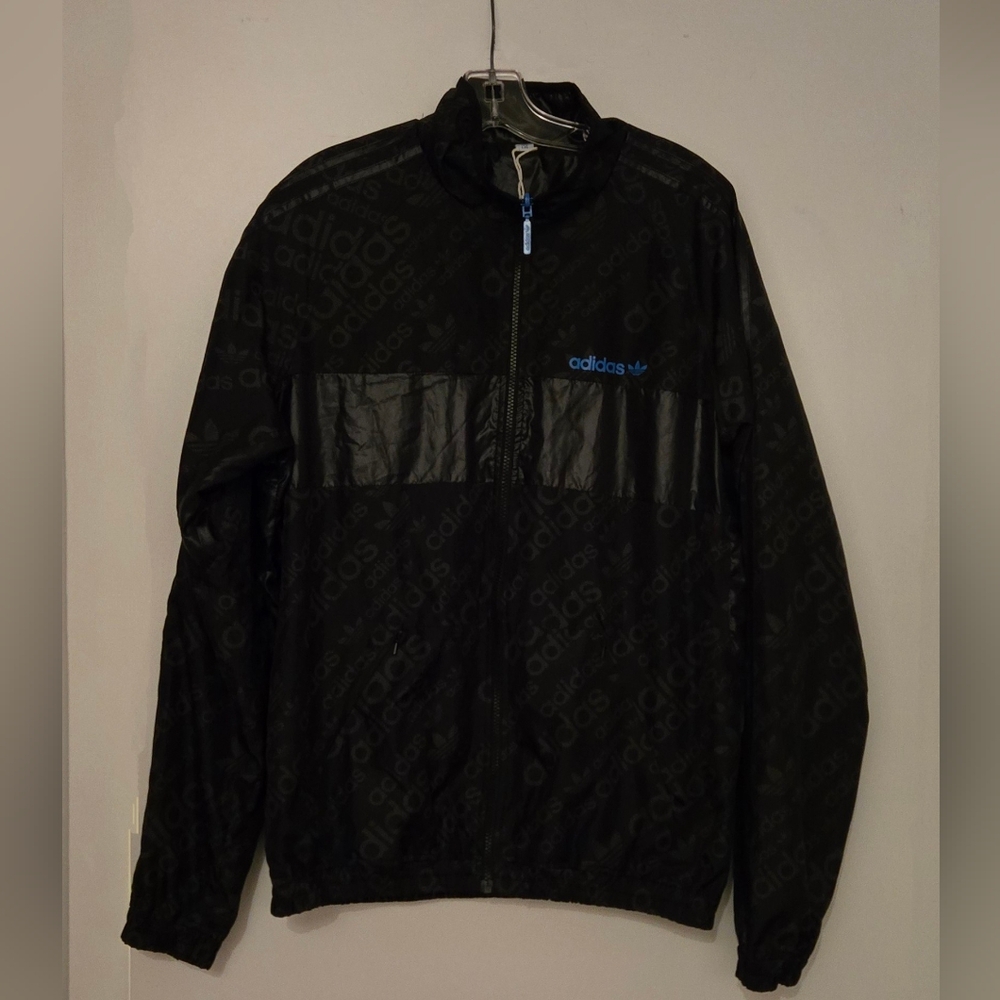 NWOT: Adidas Black Allover Logo Windbreaker Jacket - Size: Large; Black (w/Blue)